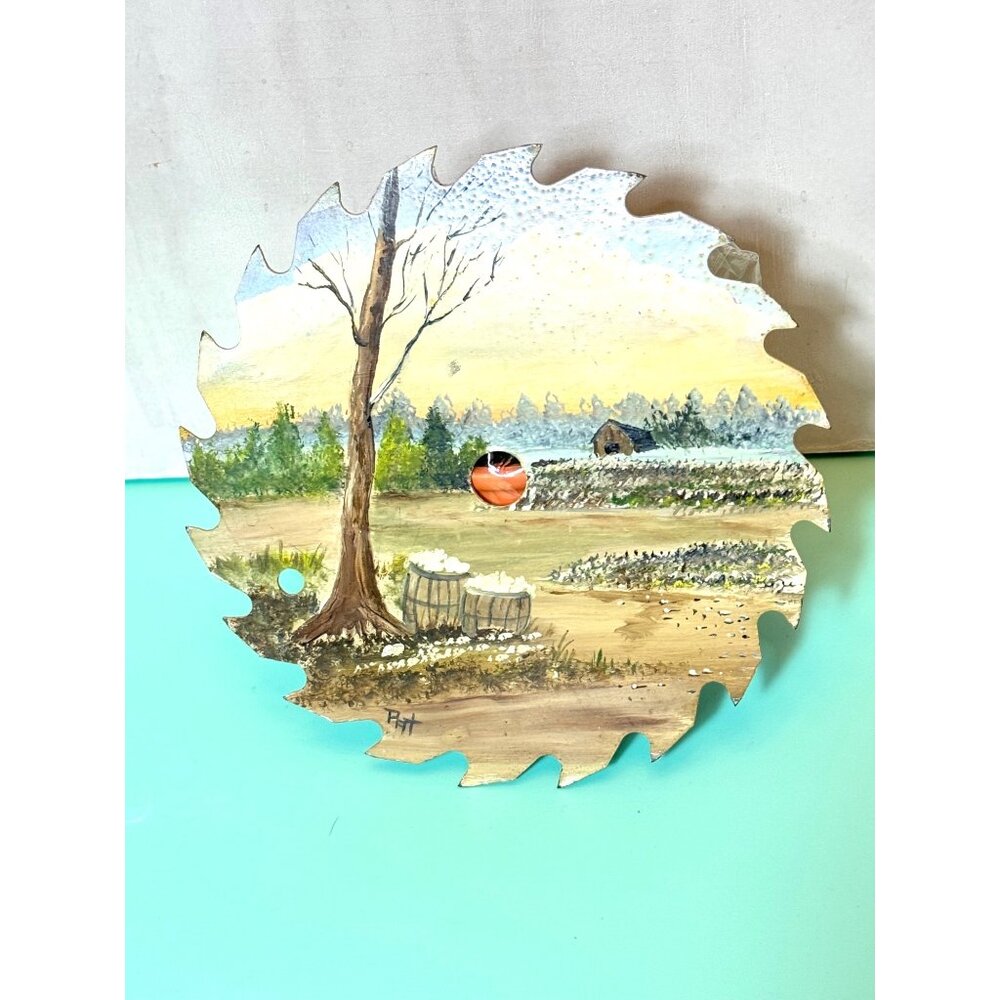 Hand-Painted Landscape Art On Vintage Saw Blade - Tree Barrels Rural Scene - Picture 2 of 12